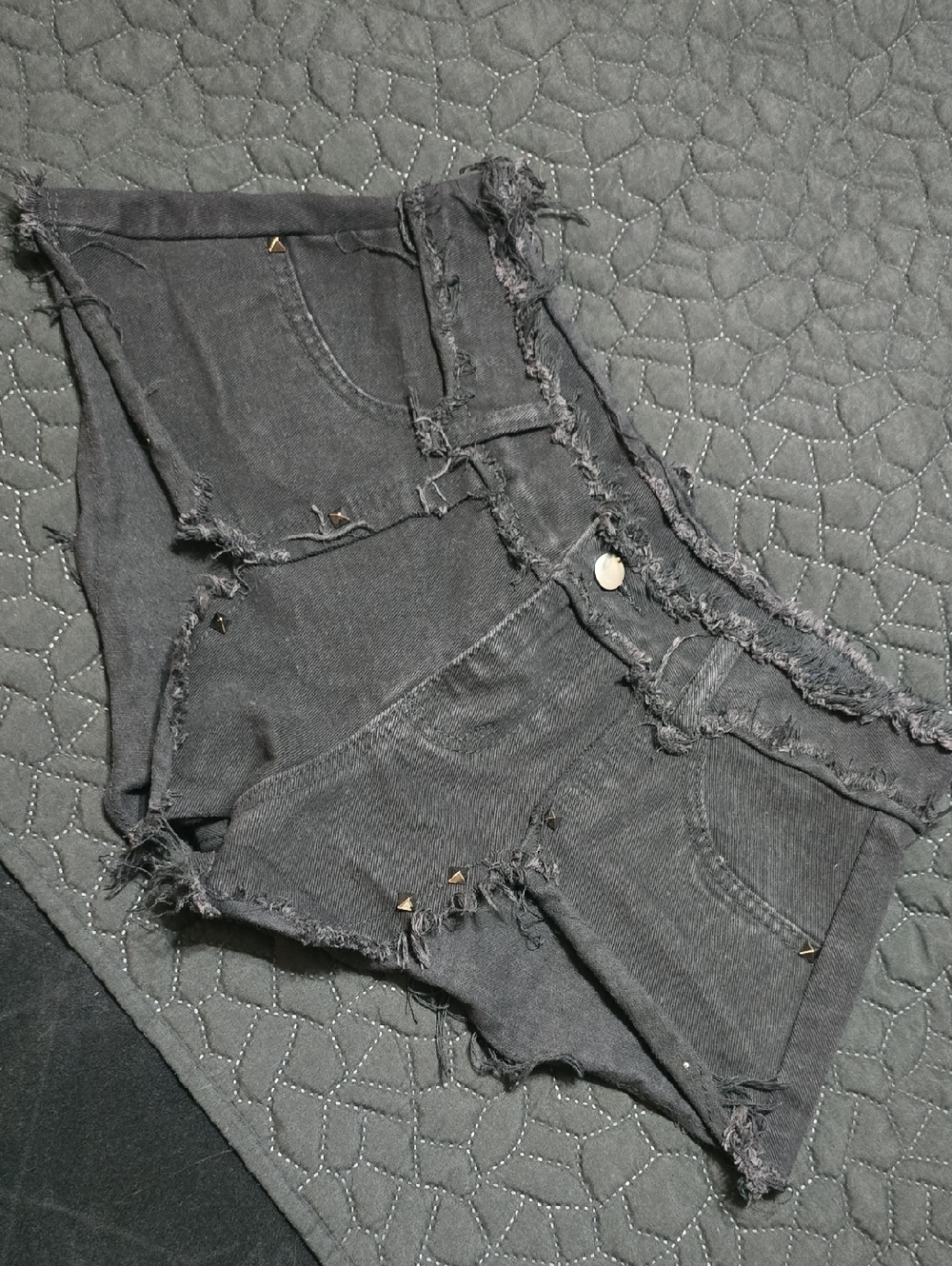 Black Distressed Denim Cutoff Shorts with Stud Accents